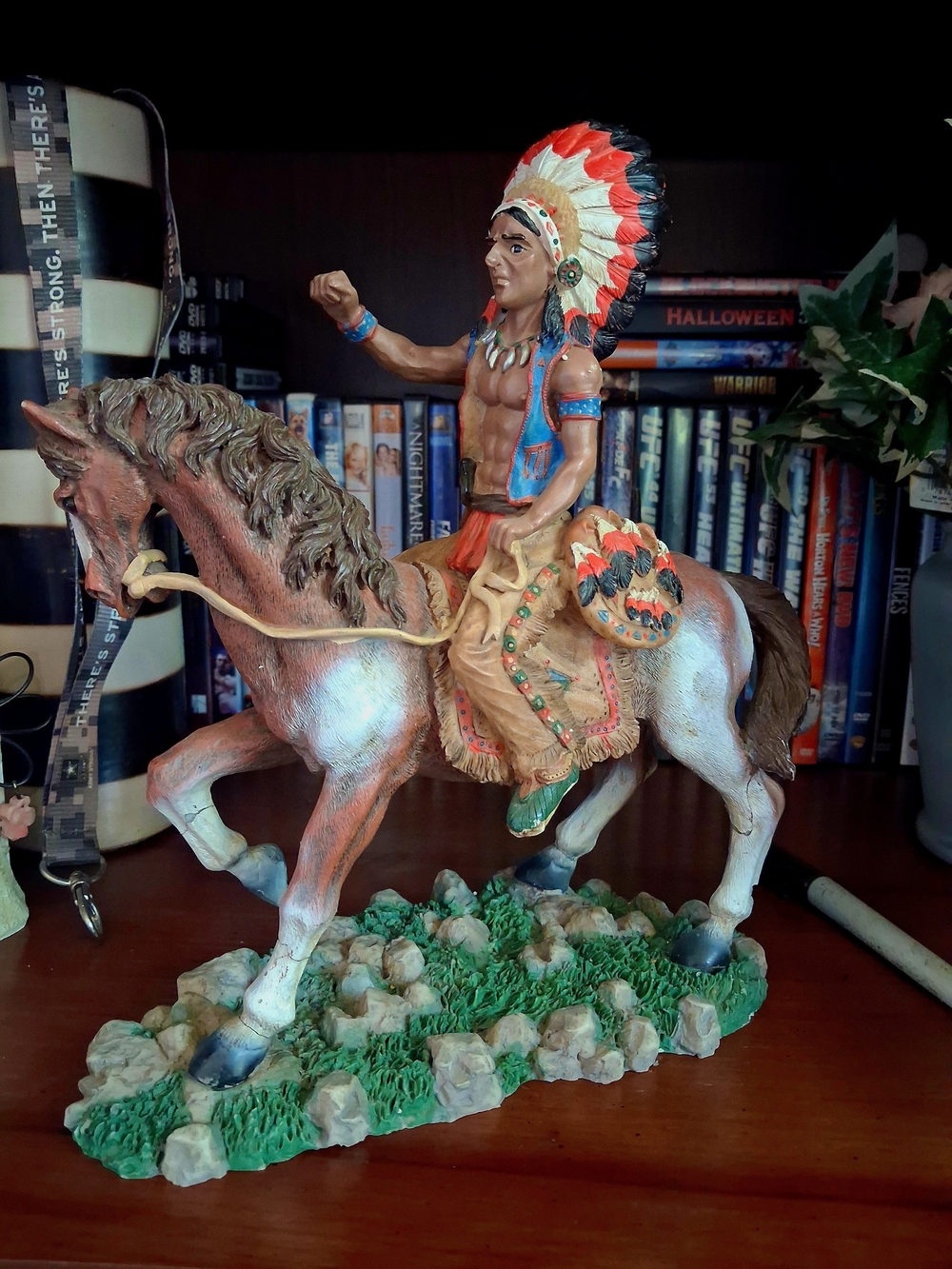 Hand-Painted Native Rider Resin Statue - Brown & Red